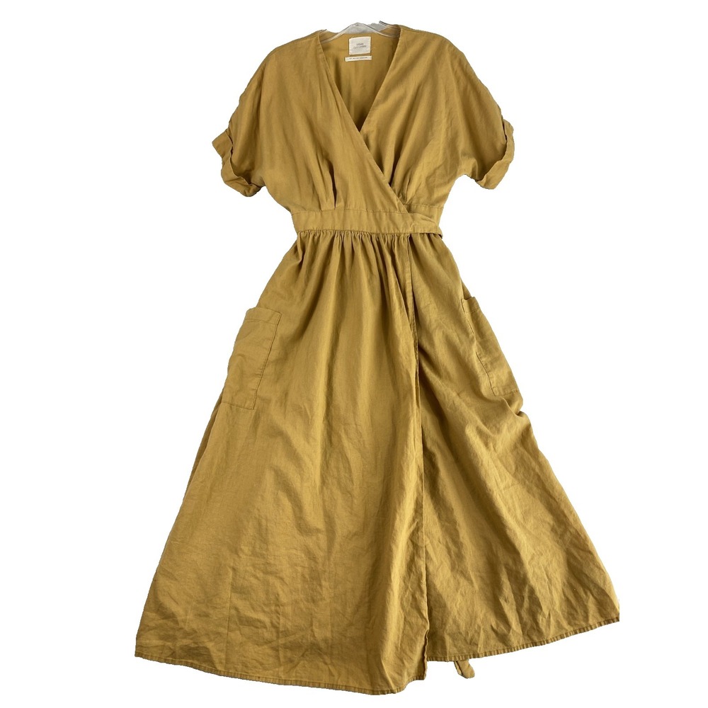 Urban Outfitters Midi Dress Women Sz S Mustard Yellow Wrap Linen Blend Cottage - Picture 2 of 13